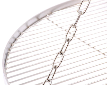 70 cm stainless steel grill grate for tripod swing grill, with chain and 14 mm rod spacing.