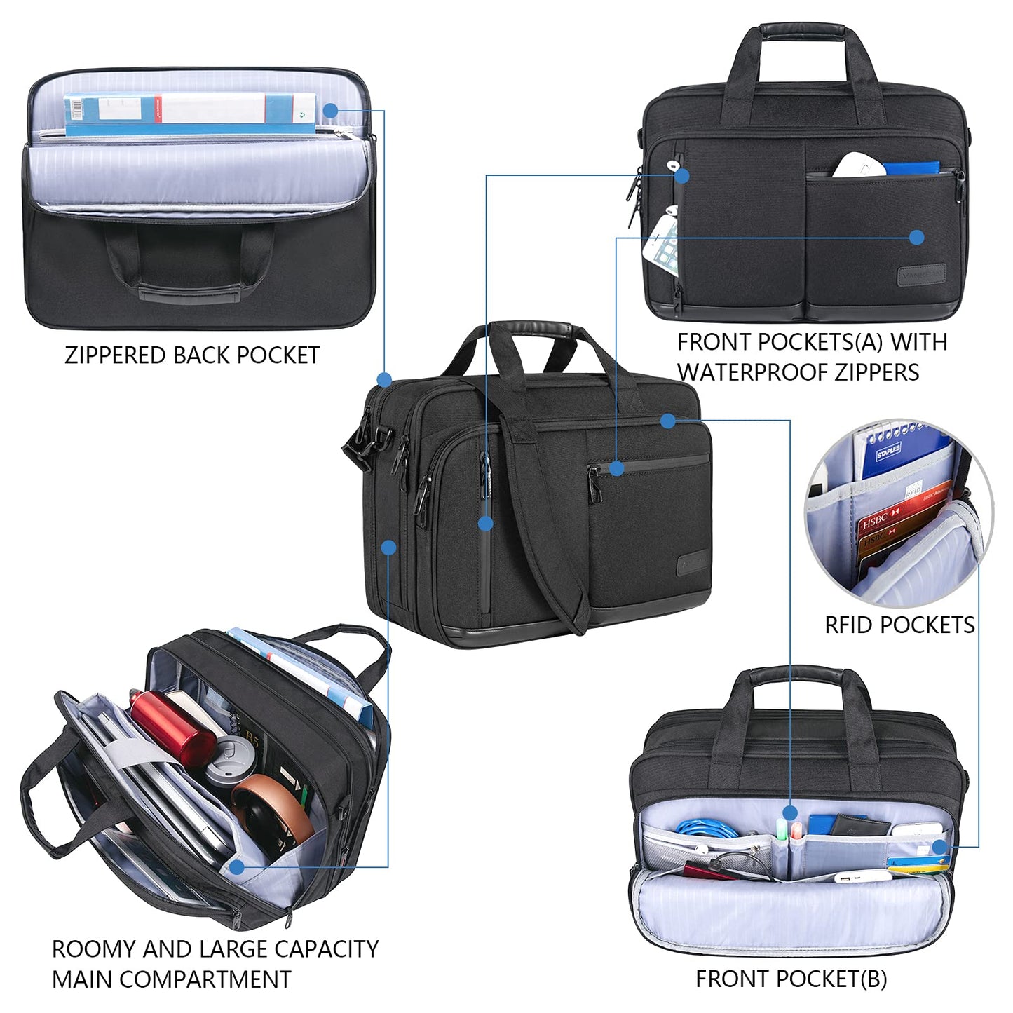 VANKEAN Laptop Bag for Women Men Business Briefcase 17.3 Inch, Fits up to Laptops, Waterproof Laptop Case Computer Bag for Travel/Business/School, Black