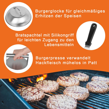 W&H's Stainless Steel Smash Burger Set includes a 4-piece set of burger smasher tools: burger press, grill spatula, burger dome, and 50 parchment papers. Ideal for making delicious homemade hamburgers both outdoor and indoor.