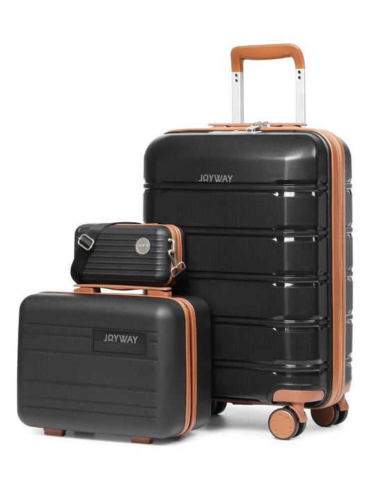 Joyway luggage set 3 pieces hard shell with 4 wheels and TSA lock. The luggage set includes 1 cosmetic case and 1 portable bag in black/brown.