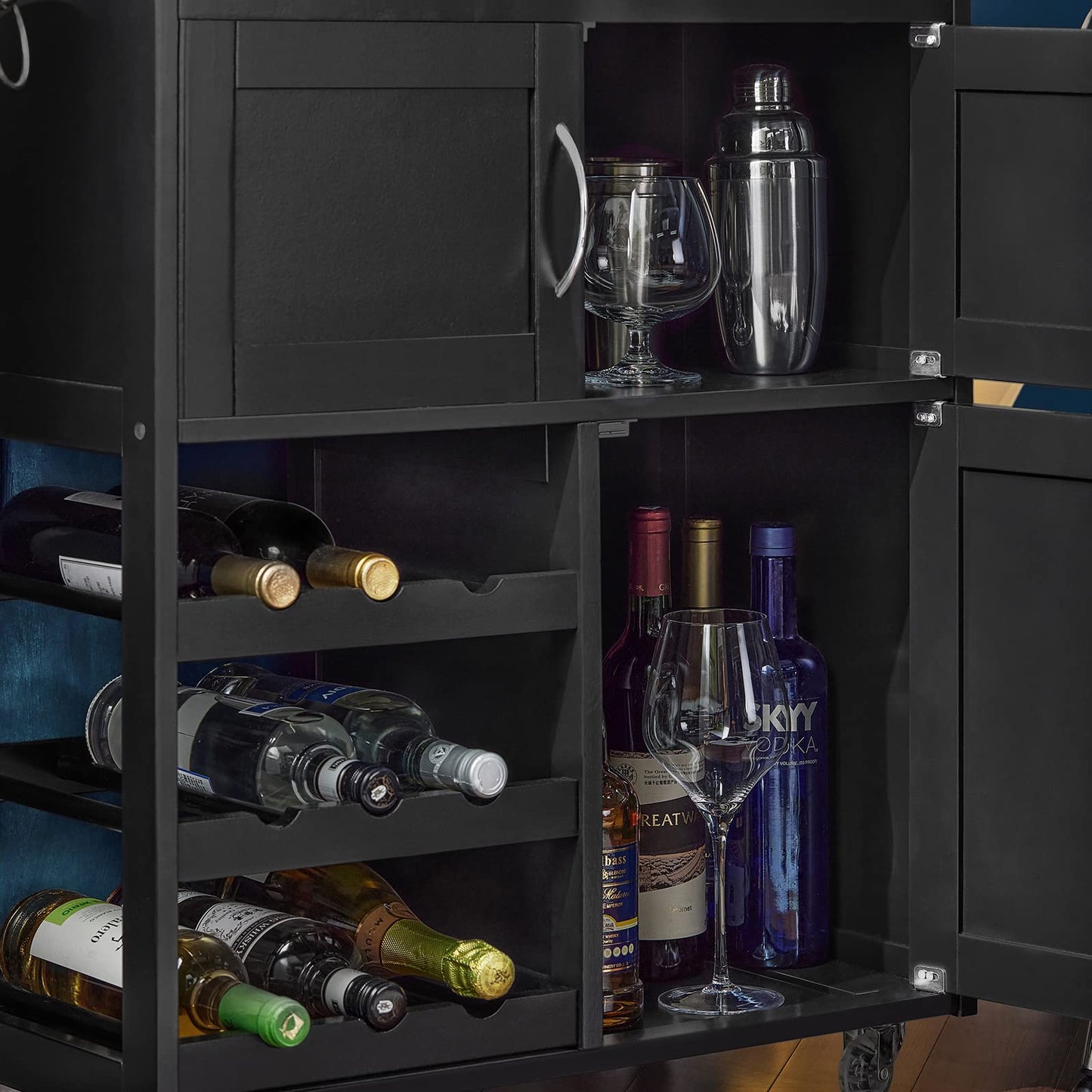 SoBuy kitchen trolley with wheels, kitchen cart with worktop, rolling cart with drawers, wine rack, kitchen island, standing kitchen shelf furniture for kitchen, dining room, and outdoor. Black 67x86x38cm FKW45-SCH.