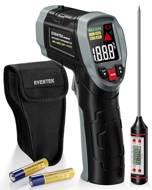 Eventek Infrared Thermometer, [3 in 1] -50°C～600°C (-58°F~1112°F), IR Pyrometer Non-Contact Digital Laser Temperature Gun with Meat Thermometer & Case, for Kitchen/Barbecue/Industry.
