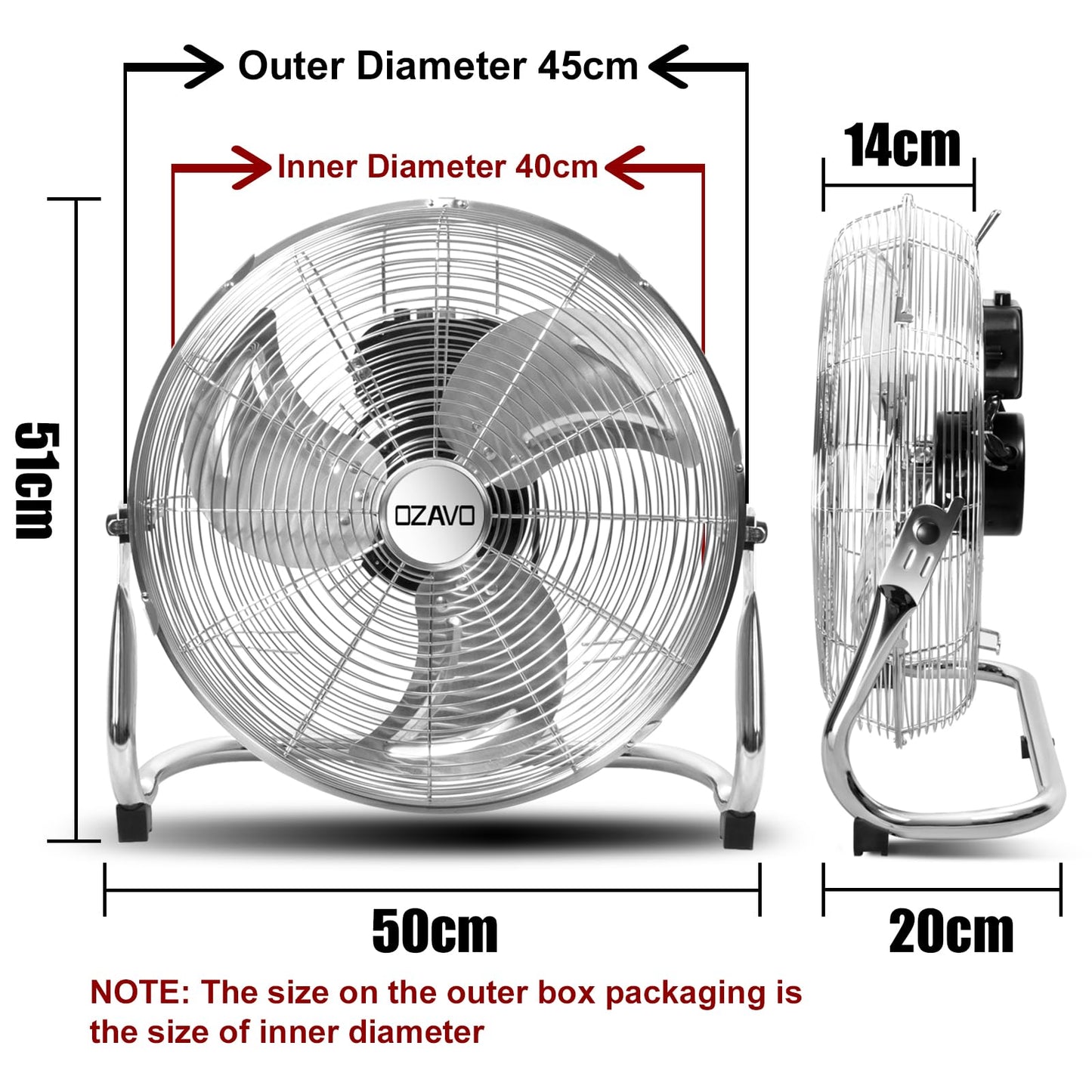 OZAVO pedestal fan, wind machine ⌀45 cm with 3 speeds, floor fan power, table fan metal, air cooler, adjustable tilt angle, 80 W.