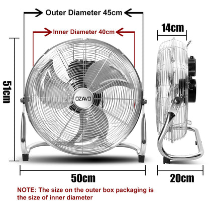 OZAVO pedestal fan, wind machine ⌀45 cm with 3 speeds, floor fan power, table fan metal, air cooler, adjustable tilt angle, 80 W.
