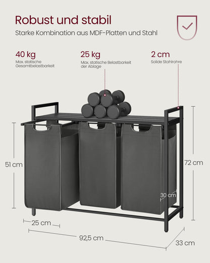 VASAGLE laundry basket with 3 compartments, laundry collector with shelf, laundry box, removable laundry bag made of Oxford fabric, metal frame, 3 x 40 L, 92.5 x 33 x 72 cm, slate gray-anthracite gray BLH301G01