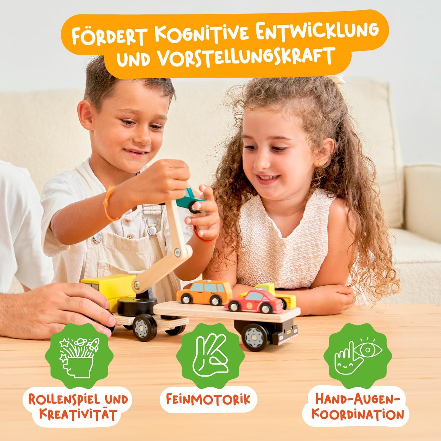 Nene Toys wooden car transporter with crane & 4 magnet cars - magnetic toy for kids aged 2 years & up - Montessori wooden toy & learning game with vehicles - gift for boys girls 2-3 years