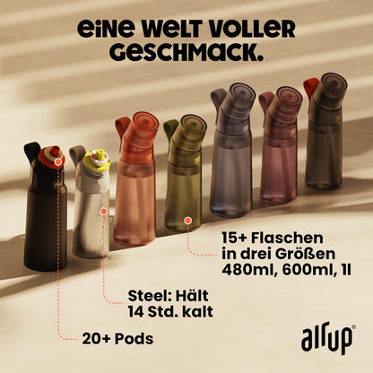 air up® Twist Pro Bottle Steel Starter Set Original made of stainless steel including pods in 5 flavors, sugar-free I 480ml insulated bottle with flavor, keeps water cold for 14 hrs I Black