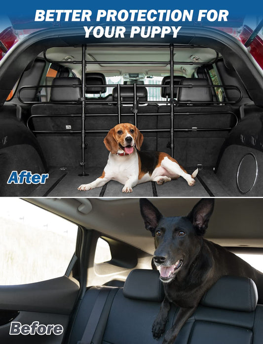 JOYTUTUS Dog Barrier for Car Trunk, Pet Safety Divider with Adjustable Width and Headrest Attachment, Universal Fit for Most Vehicles.
