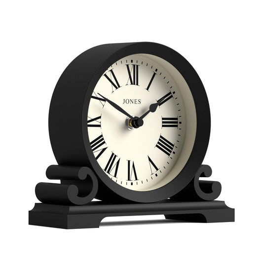 JONES CLOCKS® Saloon Mantel Clock | Traditional double bell design | Black | Roman numerals | Classic style for desk, table, shelf, or nightstand
