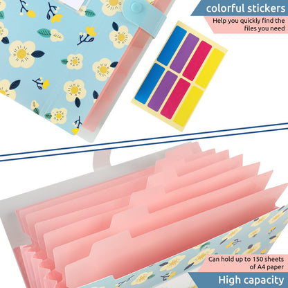KONVINIT expanding file folder A4 size, document organizer with 7 compartments, portable floral patterned file folder with labels, for school/home/office, pack of 3.