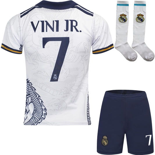 BlackAzat 2023/2024 Madrid #7 Vini Jr. Vinicius Kids Soccer Jersey Special, Shorts Socks Youth Sizes (White,24)