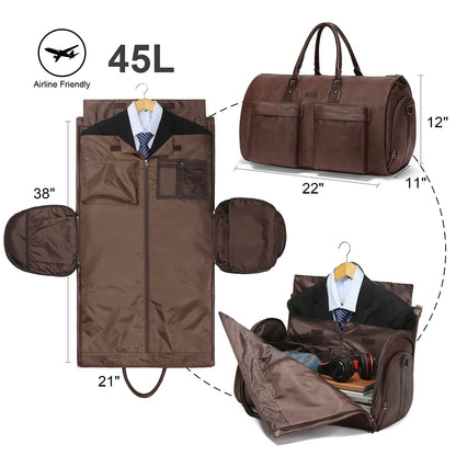 Modoker Convertible Leather Garment Bag, Carry-On for Travel, Waterproof Garment Bag, Gifts for Men, Women, Business - 2 in 1 hanging suitcase, suit, travel bags, brown