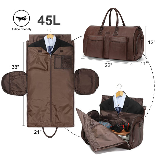 Modoker Convertible Leather Garment Bag, Carry-On for Travel, Waterproof Garment Bag, Gifts for Men, Women, Business - 2 in 1 hanging suitcase, suit, travel bags, brown