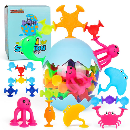 Suction cup toy, 50 pieces sensory silicone building blocks suction toy, bath toy for babies from 3 years with dinosaur egg storage, children stress relief gift for 4 5 6 year old boys and girls.