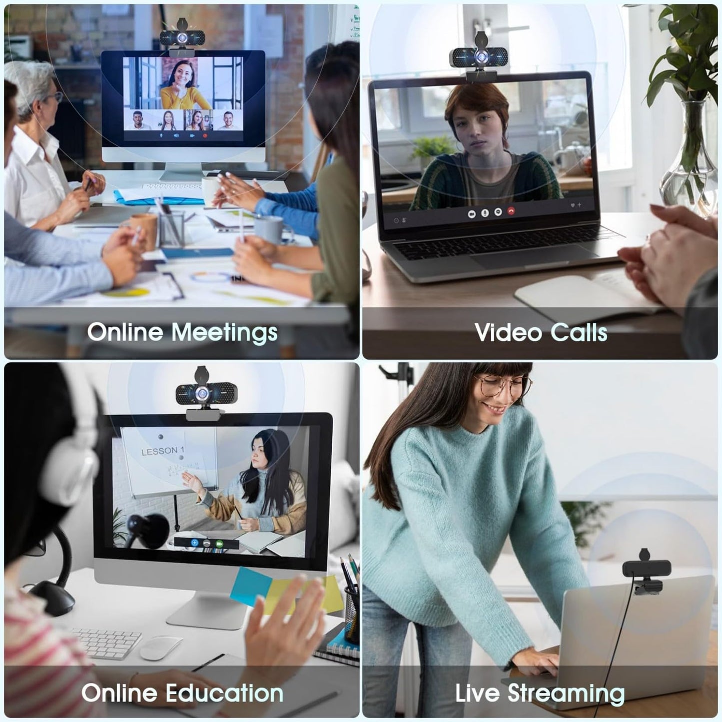 TRAUSI 1080P HD webcam with microphone, noise reduction, privacy cover, wide angle lens, auto light correction, plug & play USB webcam for laptop, desktop, PC, Mac, Zoom, Skype, streaming, black.
