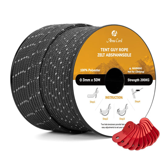 Abma Cord guy lines tent cord with 10 pieces of rope tensioner 3mm 50M tent rope for camping, tents, sun sails, awnings - Reflective Black