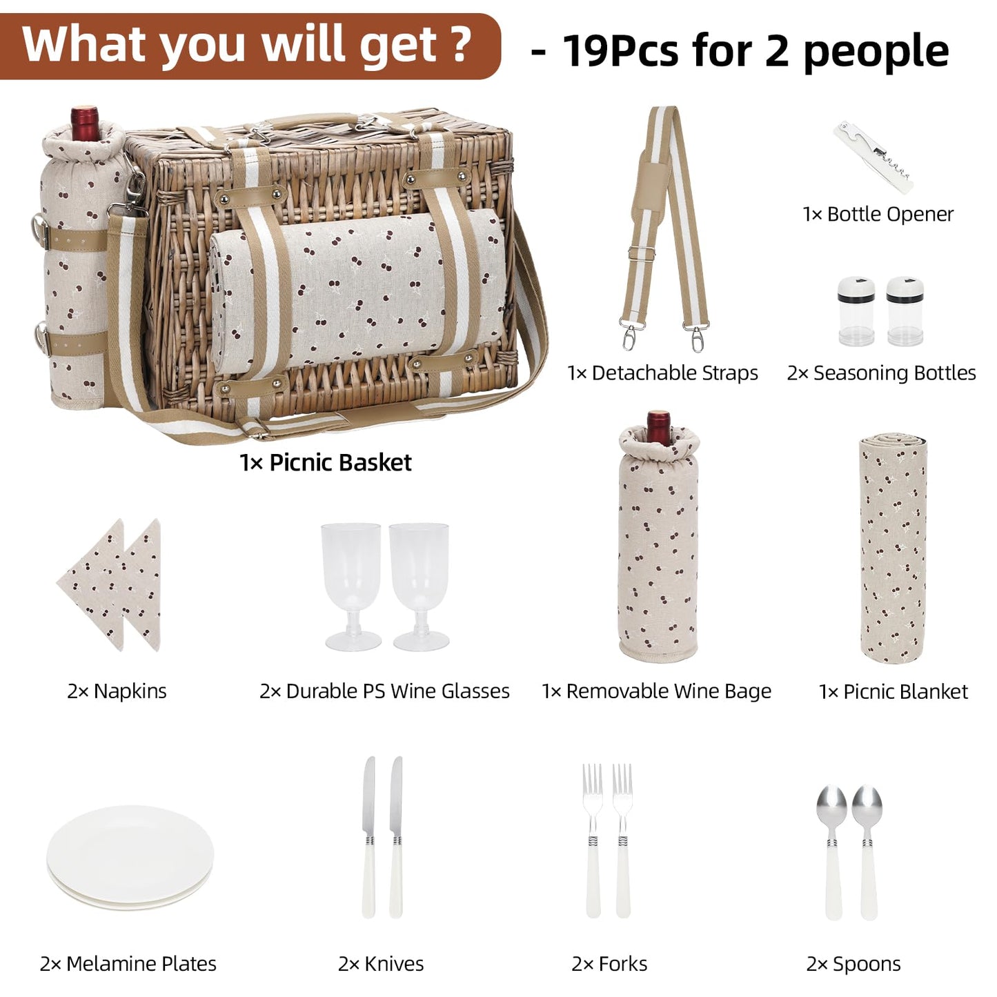 Two-person picnic basket with blanket - willow picnic basket with strap, wine bag, two-person willow picnic set with insulated cooler, willow basket with cutlery set, beige.