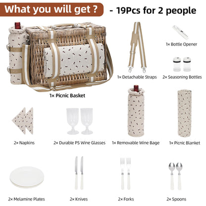 Two-person picnic basket with blanket - willow picnic basket with strap, wine bag, two-person willow picnic set with insulated cooler, willow basket with cutlery set, beige.