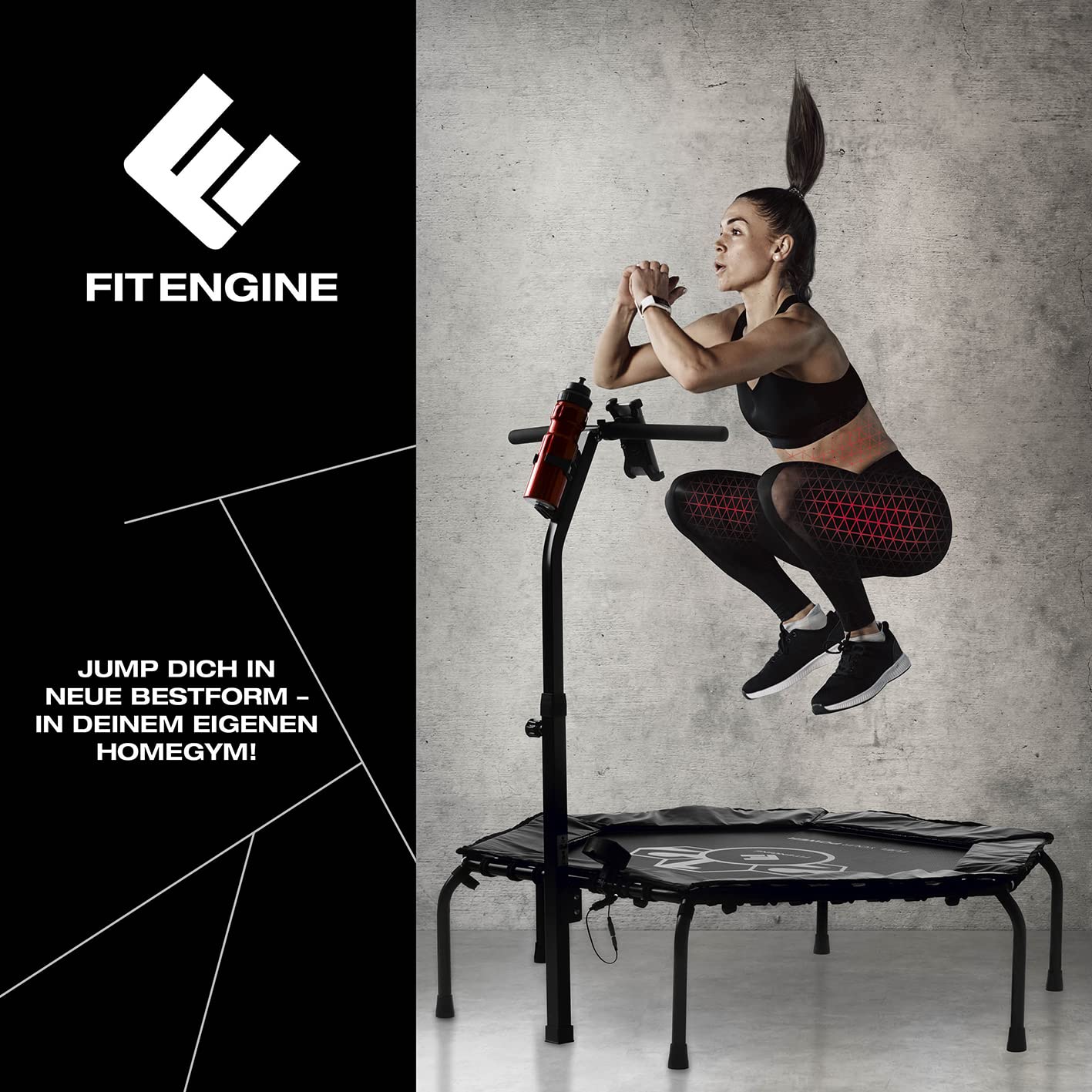 FitEngine Fitness Trampoline Smart + Heart Rate Monitor Set | Trampoline with 5-level adjustable handle | Pulse measurement during endurance & cardio training with Bluetooth function