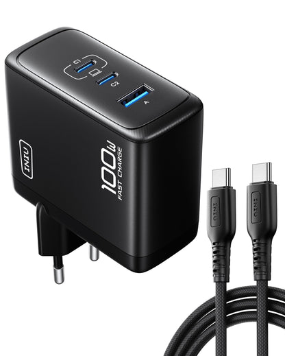 INIU 100W USB C Charger, Laptop Fast Charger with USB C Cable, GaN 3-Port Multiple Wall Charger for MacBook Air Pro, iPad, iPhone 17 16 15 Pro Max, Samsung Galaxy S25 S24 Ultra, Pixel, Switch 2, etc.