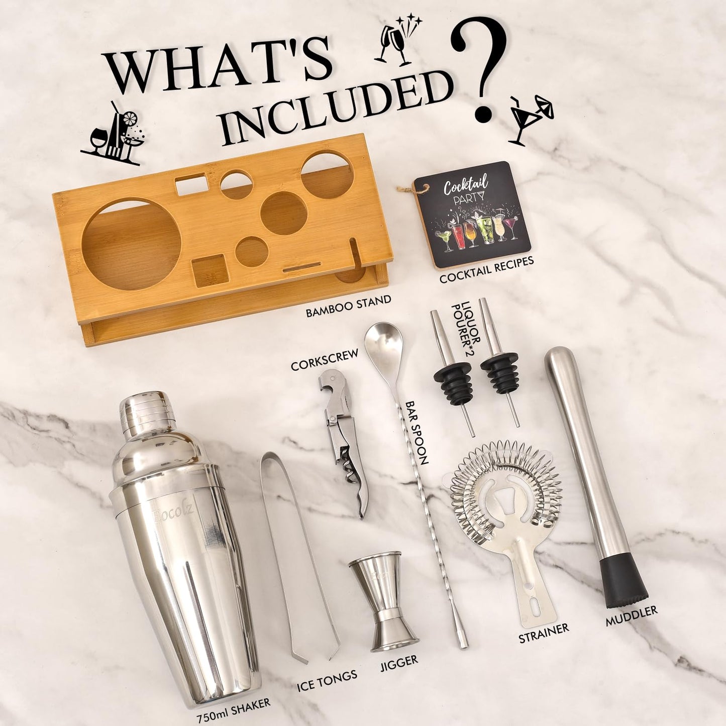 Cocktail shaker set with bamboo stand & recipe book, stainless steel 750ml bar cocktail shaker with bar accessories tools, 11 piece cocktail mix set for bartender gift women
