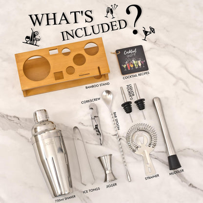 Cocktail shaker set with bamboo stand & recipe book, stainless steel 750ml bar cocktail shaker with bar accessories tools, 11 piece cocktail mix set for bartender gift women