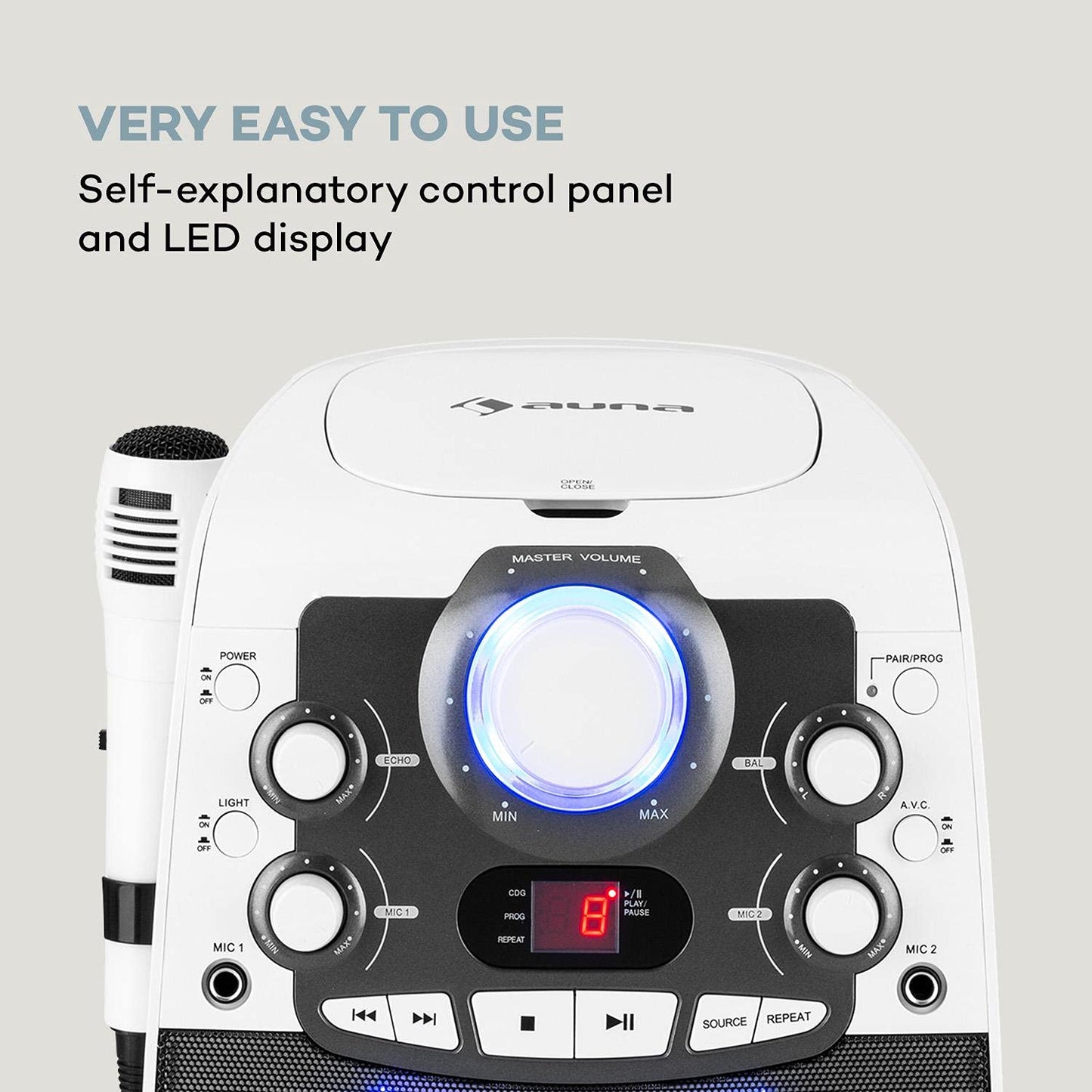 auna StarMaker 2.0 Karaoke System, karaoke machine with Bluetooth function, CD player, for CD, CD+G, CD-RW, includes microphone, 2 microphone inputs, LED show, A/V output, white.