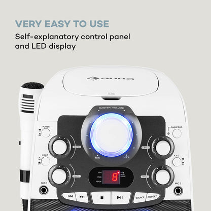 auna StarMaker 2.0 Karaoke System, karaoke machine with Bluetooth function, CD player, for CD, CD+G, CD-RW, includes microphone, 2 microphone inputs, LED show, A/V output, white.