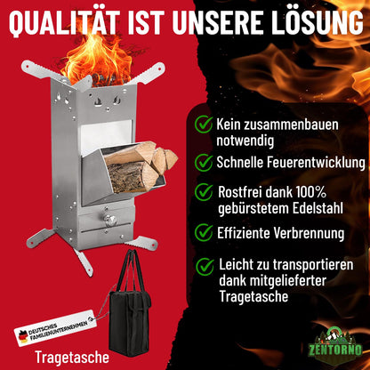 Zentorno Rocket Stove 2023 with carrying bag | Outdoor stainless steel wood stove [rustproof] Camping stove for pans and pots with Ø 15-25cm | Rocket Stove, (WMCP06-SF4)