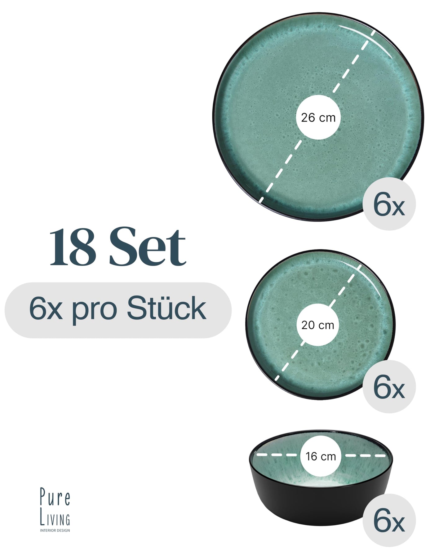 Stoneware dinnerware set for 6 people Ibiza 18 pcs. WINNER, Beautiful Mediterranean stoneware dinnerware set, bowl and plate set, tableware for 6 people, dinnerware sets Pure Living in Sage Green.