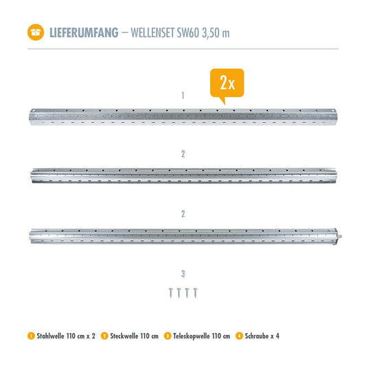 3T-MOTORS roller shutter shaft 350 cm SW60, 8-sided steel shaft, shaft set with capsule, octagonal roller shutter shaft for roller shutters, roller shutter motor