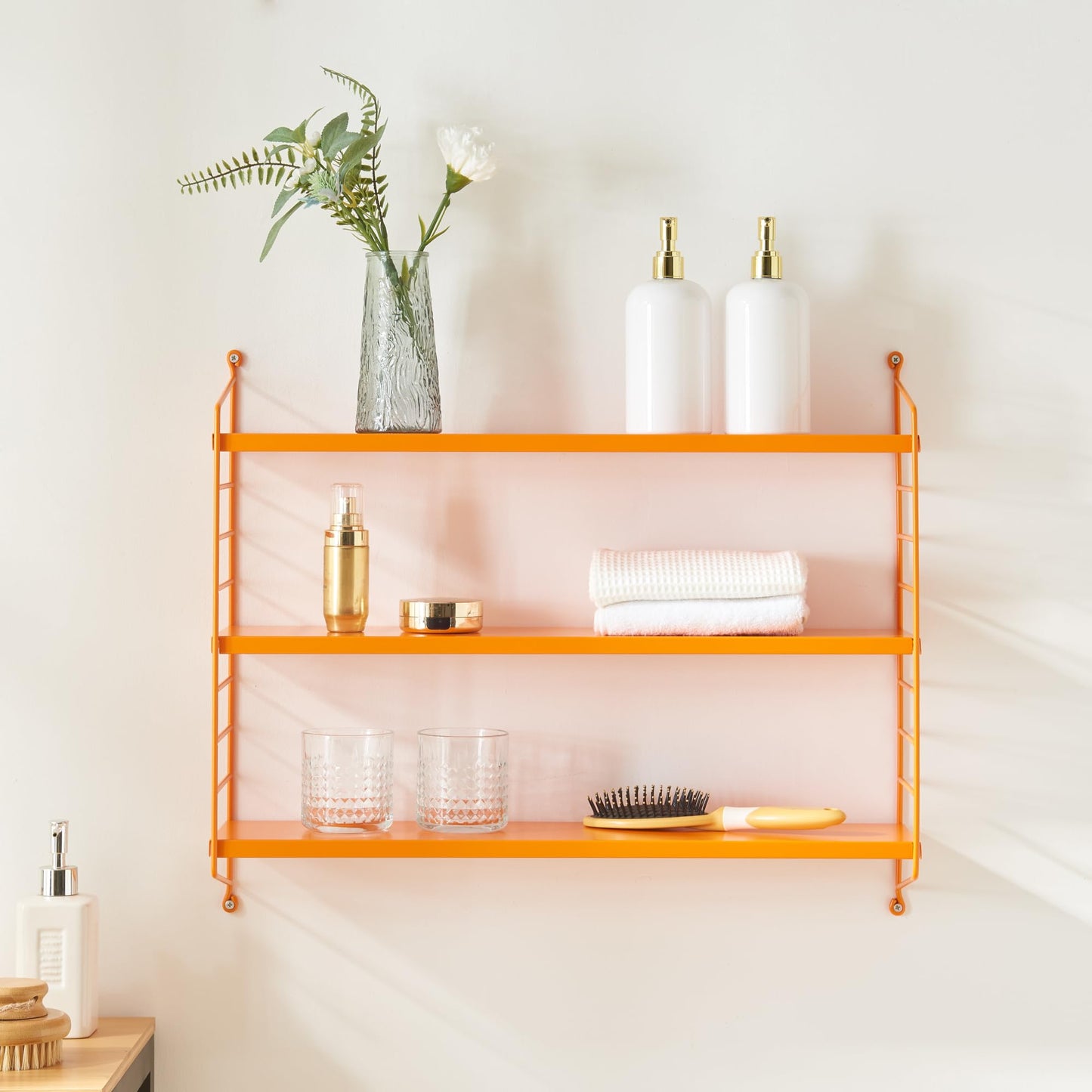 [en.casa] Modular wall shelf Strängnäs metal shelf orange hanging shelf with 3 shelves bathroom shelf kitchen wall shelf wall shelf living room
