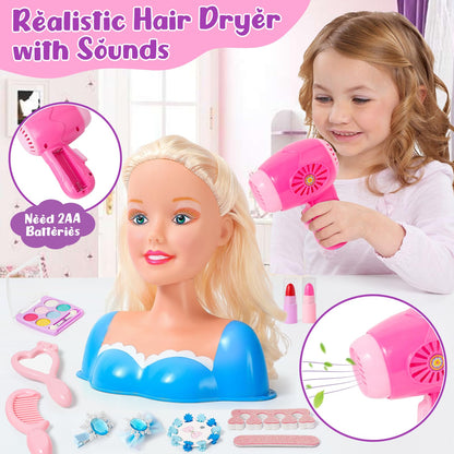 52PCS Makeup Doll Styling Head Kids Mannequin Head with Crown Hairdryer Straightener Hairpins Makeup Hair Styling Accessories Hairdressing Children's Makeup Toy Gift for Girls aged 3 4 5 6 years