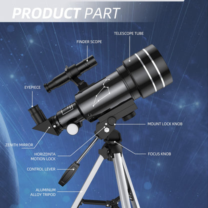 Telescope for children, astronomy telescopes, 70mm aperture, 300mm AZ mount, telescopes for adults, telescope for kids beginners with tripod, backpack