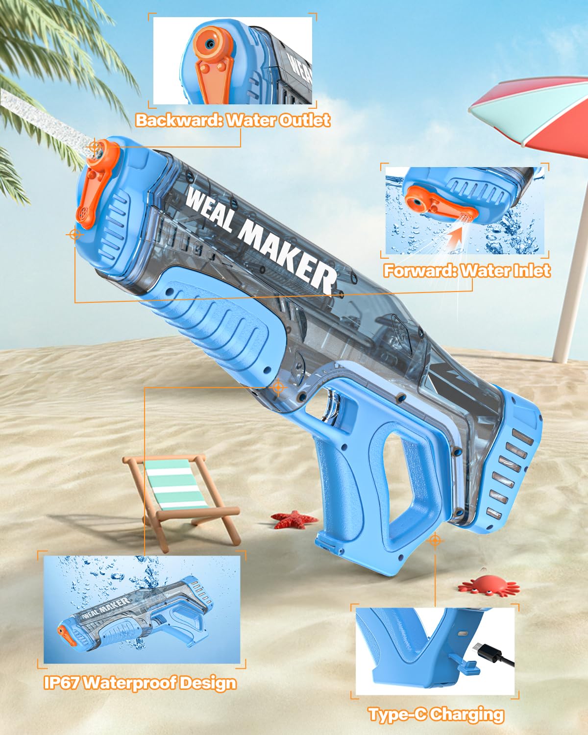 Artcool Electric Water Gun, Fast Automatic Suction Power, 220+ Continuous Water Gun, Range 7-9M, Powerful and Waterproof Water Guns IP67 for Adults (Red+Blue)