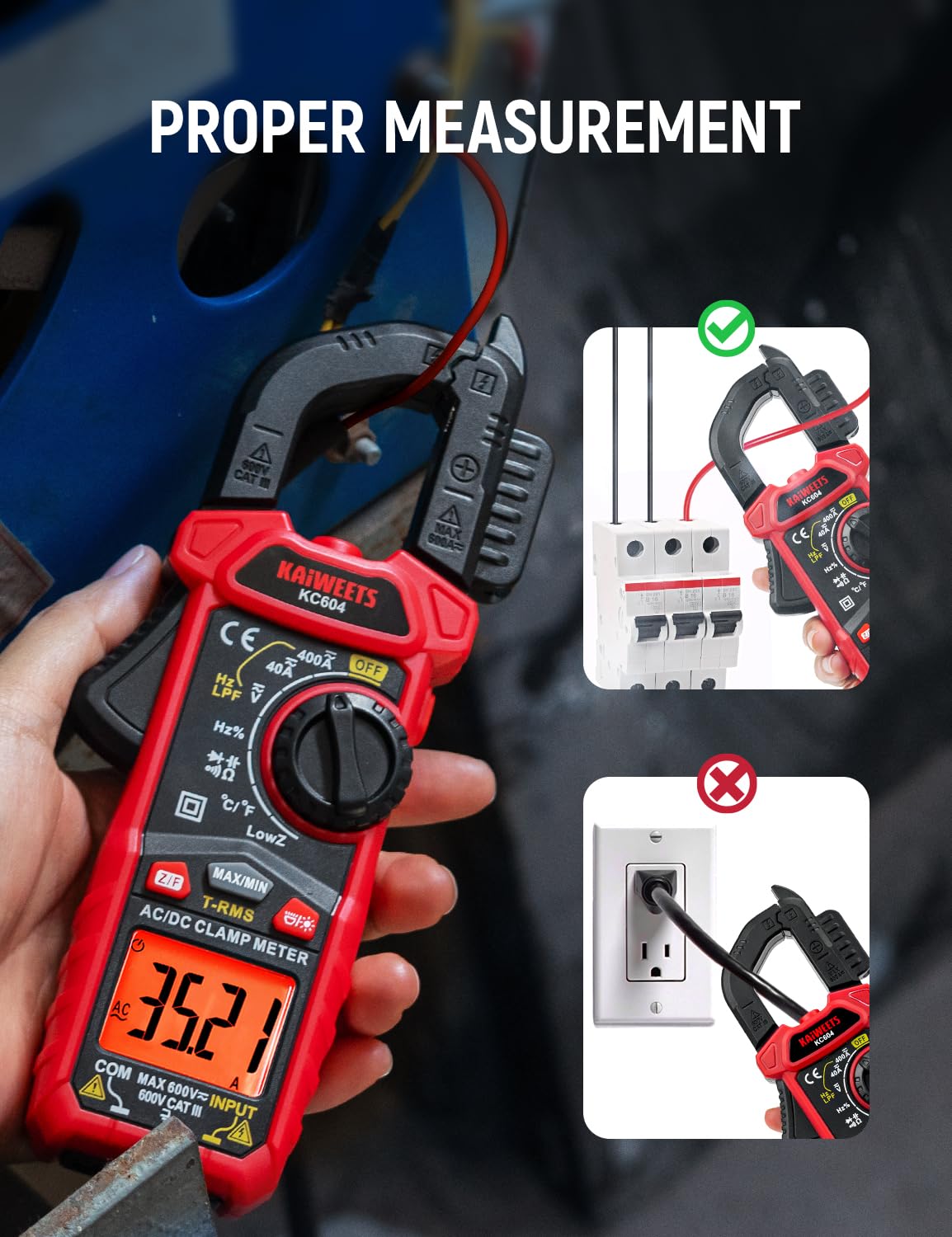KAIWEETS Clamp Meter AC DC, True-RMS 4000 Count Clamp Multimeter with Flashlight Backlight for measuring AC/DC voltage current temperature continuity diode NCV, KC604.