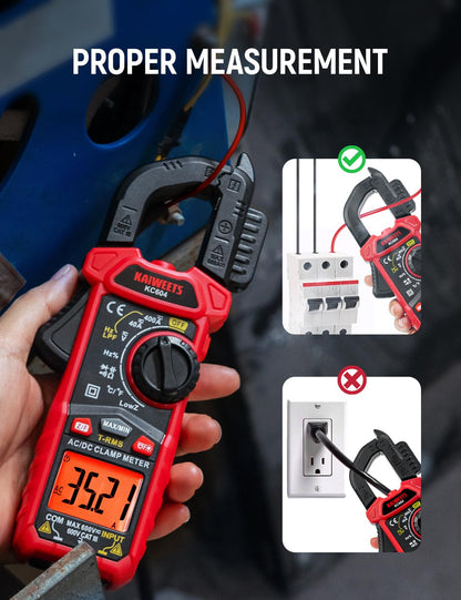 KAIWEETS Clamp Meter AC DC, True-RMS 4000 Count Clamp Multimeter with Flashlight Backlight for measuring AC/DC voltage current temperature continuity diode NCV, KC604.
