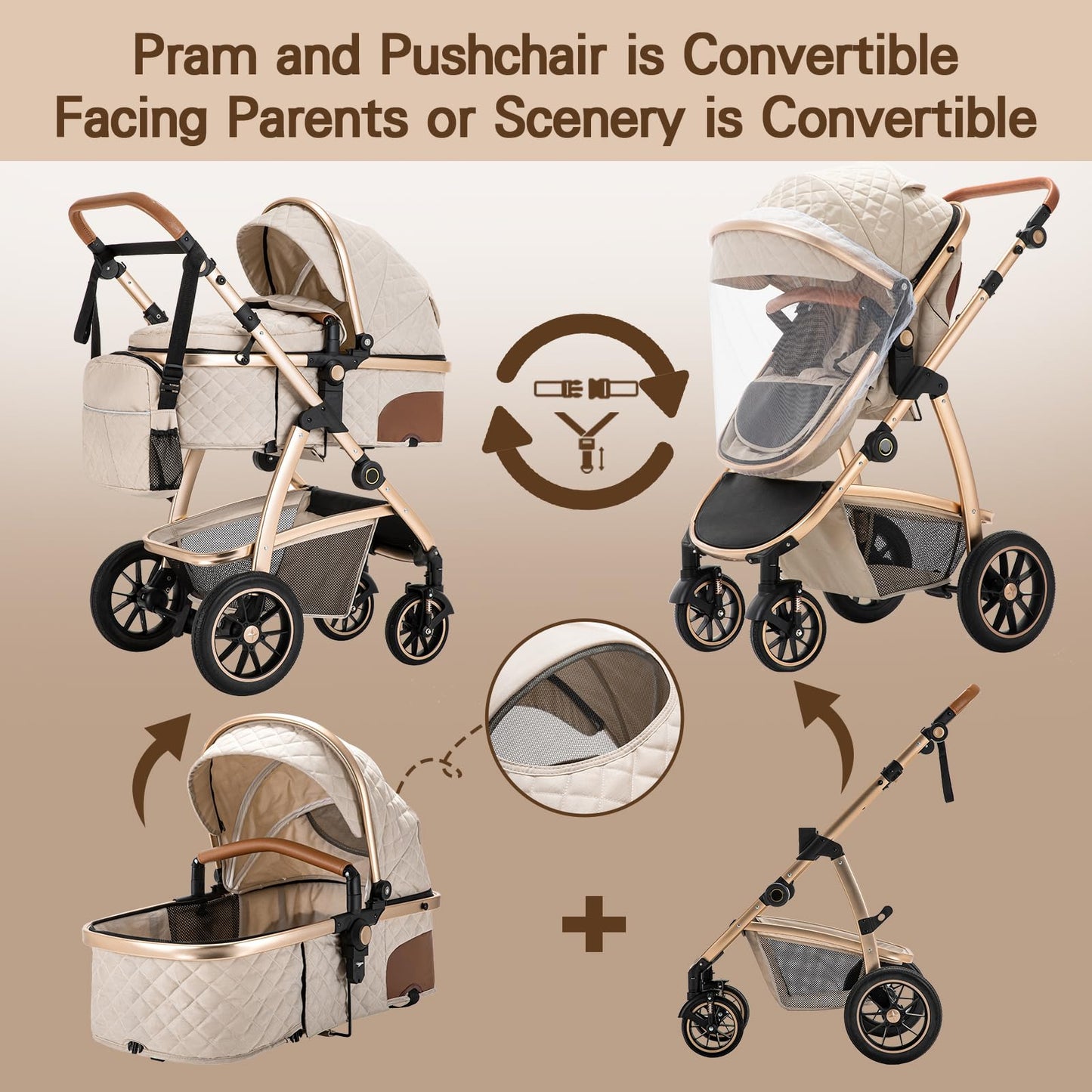 Gcarebb 3 in 1 stroller, buggy with car baby seat, with height-adjustable stroller set, combi stroller with aluminum frame for newborns 0-4 years.