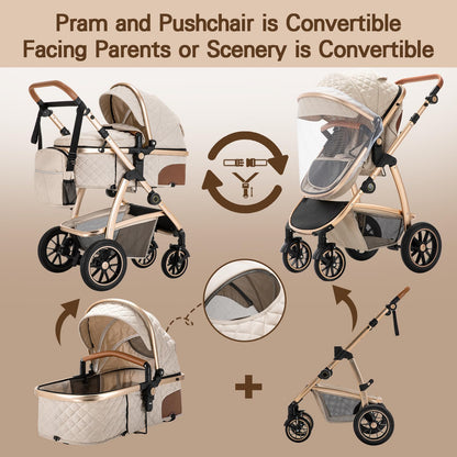 Gcarebb 3 in 1 stroller, buggy with car baby seat, with height-adjustable stroller set, combi stroller with aluminum frame for newborns 0-4 years.