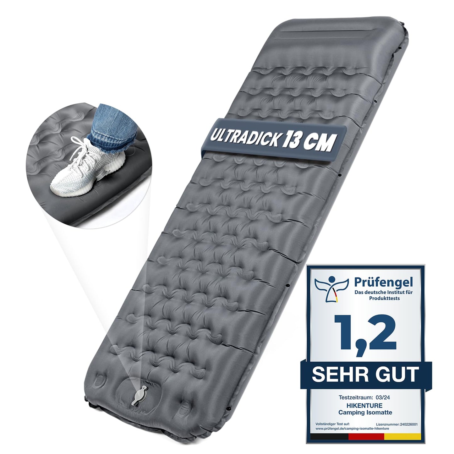 HIKENTURE Self Inflating Sleeping Pad, 13CM Thick Camping Mat with Pillow, Inflatable Air Mattress Small Pack Size, Ultralight Sleeping Mat with Foot Pump for Outdoor, Hiking, Tent - Gray