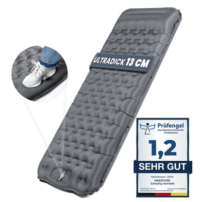 HIKENTURE Self Inflating Sleeping Pad, 13CM Thick Camping Mat with Pillow, Inflatable Air Mattress Small Pack Size, Ultralight Sleeping Mat with Foot Pump for Outdoor, Hiking, Tent - Gray
