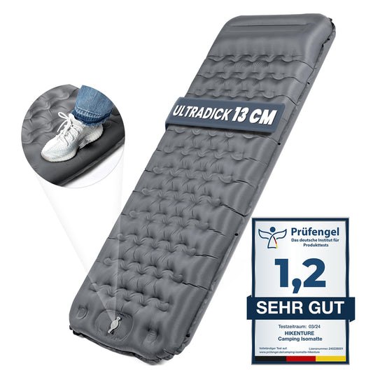 HIKENTURE Self Inflating Sleeping Pad, 13CM Thick Camping Mat with Pillow, Inflatable Air Mattress Small Pack Size, Ultralight Sleeping Mat with Foot Pump for Outdoor, Hiking, Tent - Gray