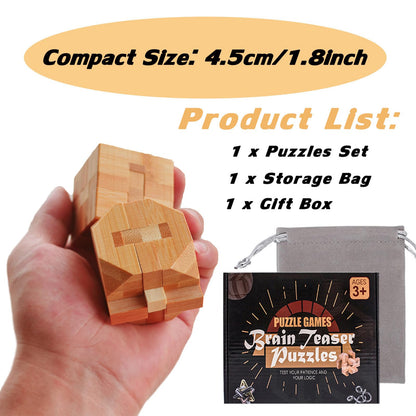 Wooden puzzle set of 9 pieces, including brain teasers, skill games, logic games, IQ games, and patience games. 3D mini puzzles for adults and kids, measuring 4.5cm. Great gift idea.