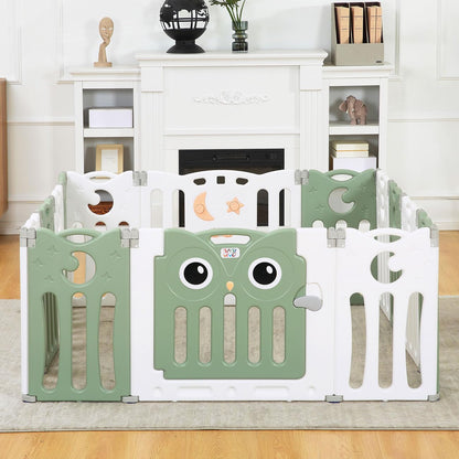 Baby Vivo Playpen Play Yard Foldable Baby Playpen Crawl Gate Safety Gate for Kids made of plastic with door and toys 14 elements in Green - Owl
