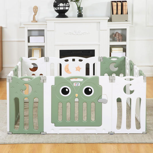 Baby Vivo Playpen Play Yard Foldable Baby Playpen Crawl Gate Safety Gate for Kids made of plastic with door and toys 14 elements in Green - Owl