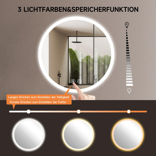 YOLEO round bathroom mirror with lighting, LED mirror with touch switch, LED fog-free bathroom mirror, 3 adjustable light colors, 50x50cm.