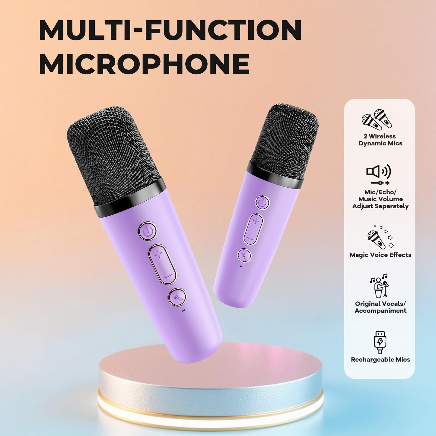 Kids Mini Karaoke Machine with 2 Microphones Bluetooth Speaker with LED Lights and Voice Changer, Gift for Girls 3, 4, 5, 6, 7, 8, 9, 10, 11, 12+ Years (Purple)