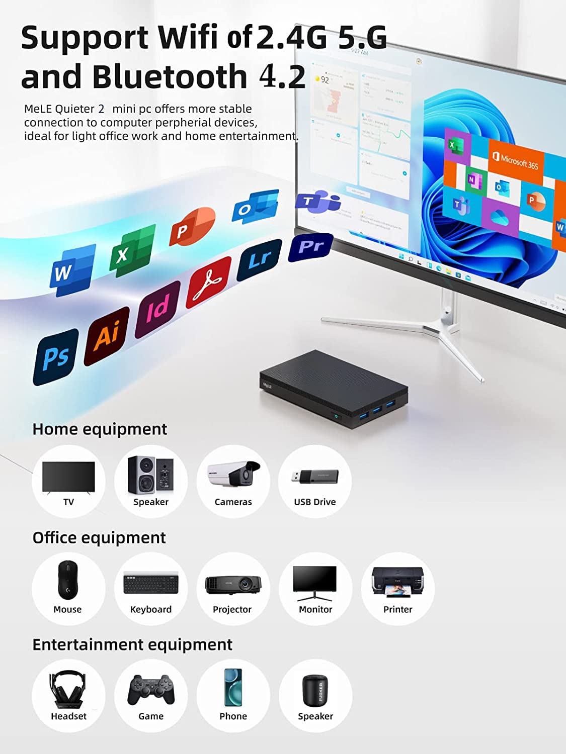 MeLE Quieter2Q fanless Mini PC Windows 11 Pro Celeron J4125 4GB 64GB Quad Core Mini Desktop Computer 4K Dual WiFi for office, business, companies, school, home office work.
