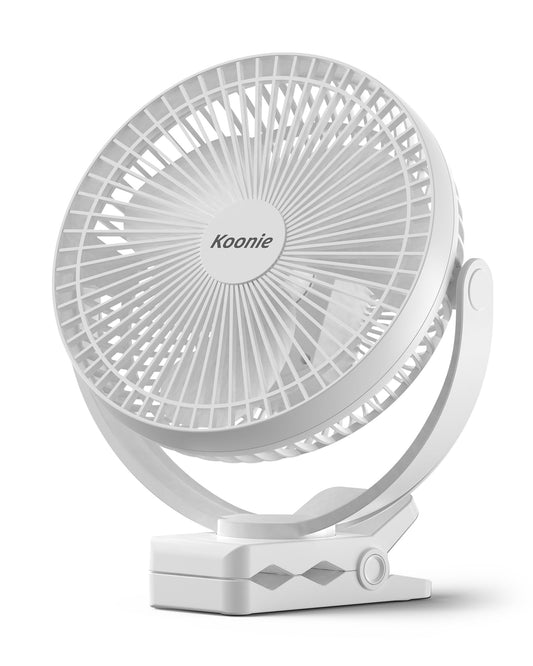 Koonie 20cm Portable Clip-On Fan, USB Table Fan with 10,000mAh Battery, 4 Speeds, Rechargeable Table Fan for Home, Office, Stroller, Camping (White)