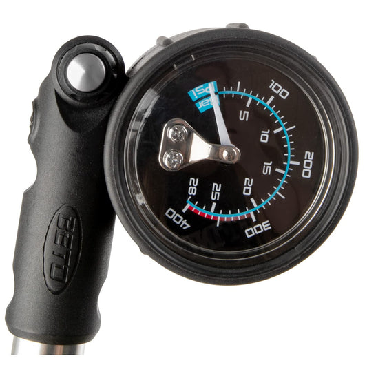 BETO bike pump, shock pump with gauge and release valve, hand pump, 400psi/28bar, AV/auto valve/Schrader valve/American valve, silver/black.